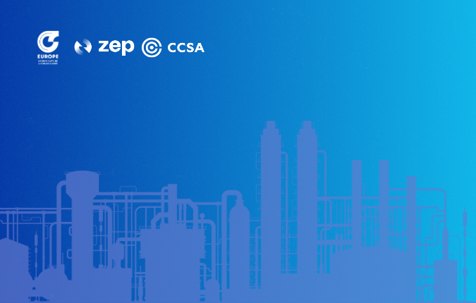 Blue background, with an industrial skyline and the logos of ZEP, CCS-Europe and CCSA.