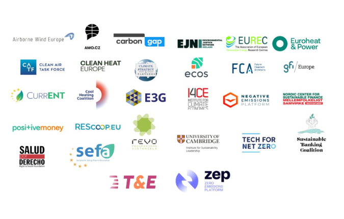 A grid of logos representing multiple organisations that are signatories to a letter on EU cleantech and innovation policy. The logos include Airborne Wind Europe, AMO.cz, Carbon Gap, EJNI, EUREC, Euroheat & Power, Clean Air Task Force, Clean Heat Europe, Climate Strategy & Partners, ECOS, FCA, GFI Europe, CurrENT, Cool Heating Coalition, E3G, I4CE, Negative Emissions Platform, Nordic Center for Sustainable Finance, Positive Money, REScoop.eu, a green abstract flower logo, Revo, University of Cambridge Institute for Sustainability Leadership, Tech for Net Zero, Sustainable Banking Coalition, Salud Derecho, SEFA, T&E, and ZEP (Zero Emissions Platform).